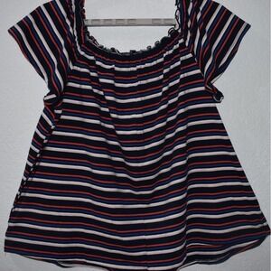 Lane Bryant 2X Stretch Top Patriot Stripe Elastic Boat Neck Short Cap Sleeve